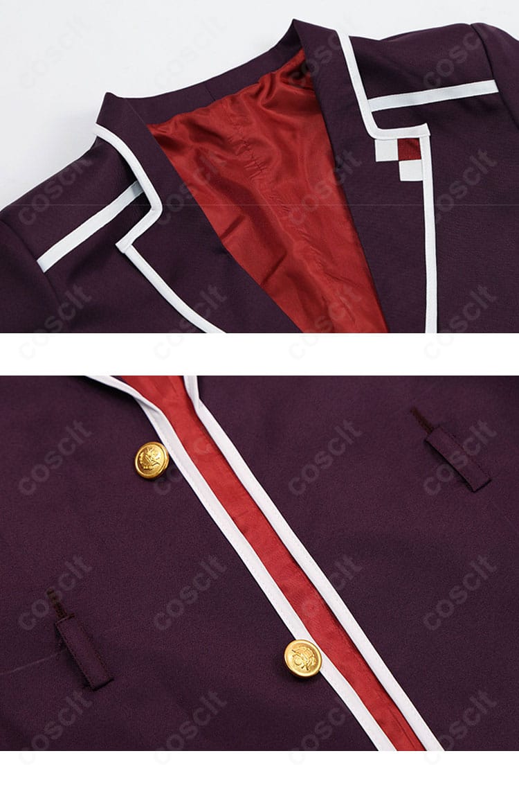 逆巻アヤト 学園制服の襟元・前立てディテール。ネクタイの結びとラペルの角度を再現。