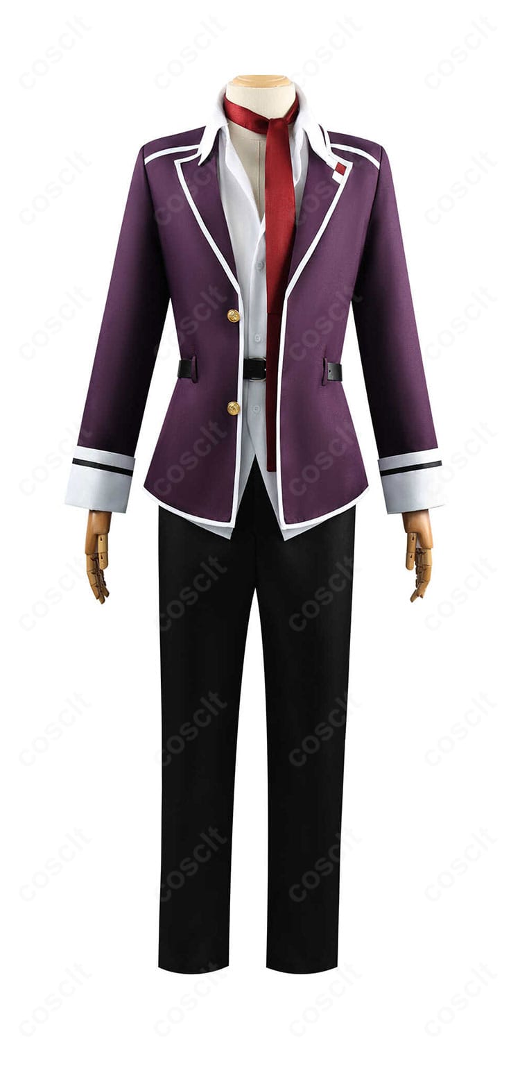 逆巻アヤト 学園制服コスプレの正面全身。ブレザーの直線的なラインとネクタイの位置がわかる。