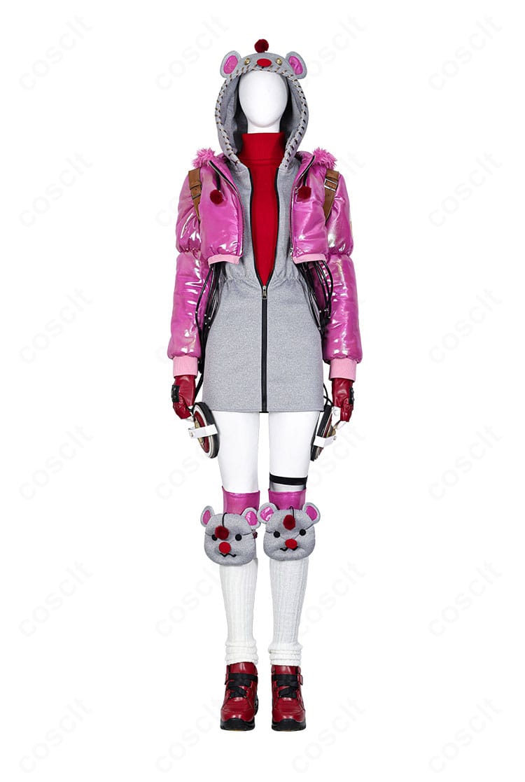 モーグリ(ユフィ)×ワットソン コスプレ衣装の正面全体像。コートとワンピースの配色、装飾配置、シルエットを確認できるショット。