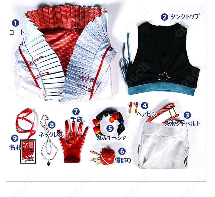 ビアンカ衣装のセット内容一式。コート、タンクトップ、ズボン+ベルト、ヘアピン、カチューシャ、腰飾り、手袋、ネックレス、名札を並べた画像。