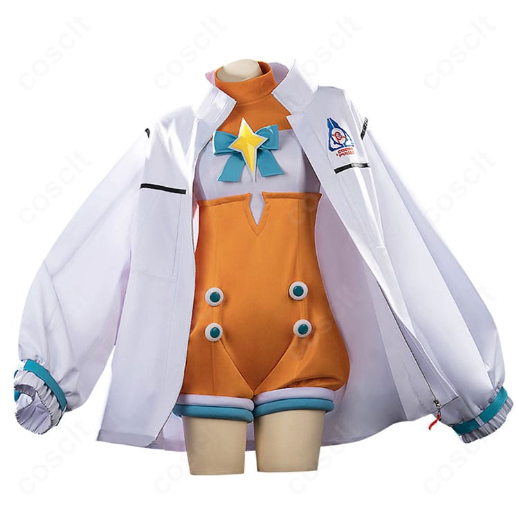 ネオユニヴァース エイプリルフール衣装の正面全身。コートのシルエット、胸元スカーフ、ジャンプスーツのラインが確認できる。