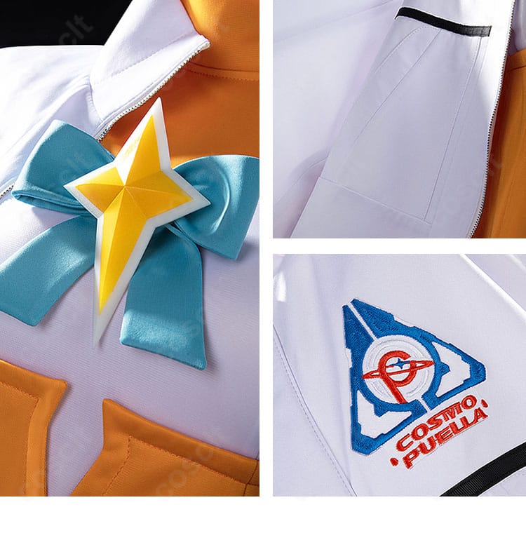 ネオユニヴァース衣装の領結と胸元アイコンの近接写真。スカーフの色味とアクセントパーツの質感。