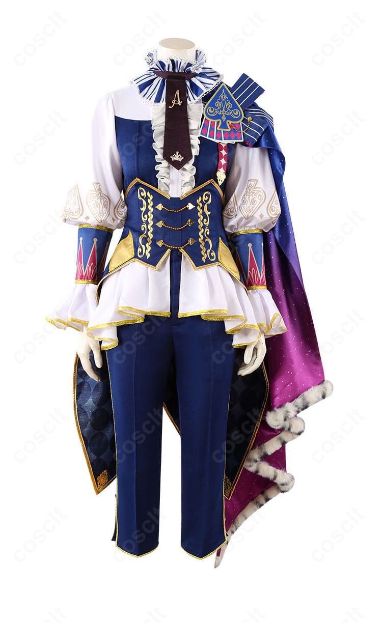 プロジェクトセカイ 天馬司 キング・オブ・スペード衣装の正面アップ。胸元の装飾と配色、エンブレムが分かるディテール。