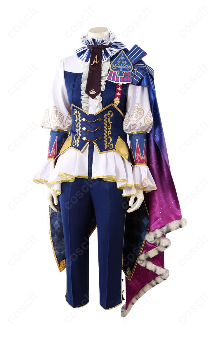 プロジェクトセカイ 天馬司 コスプレ衣装の側面。マントの落ち感とコルセットベルトのラインが美しく見える角度。