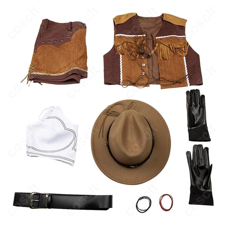 ティファ・ロックハート ウェスタンガイド衣装のセット内容(上着・インナー・スカート・ベルト・帽子・手首飾り・手袋)