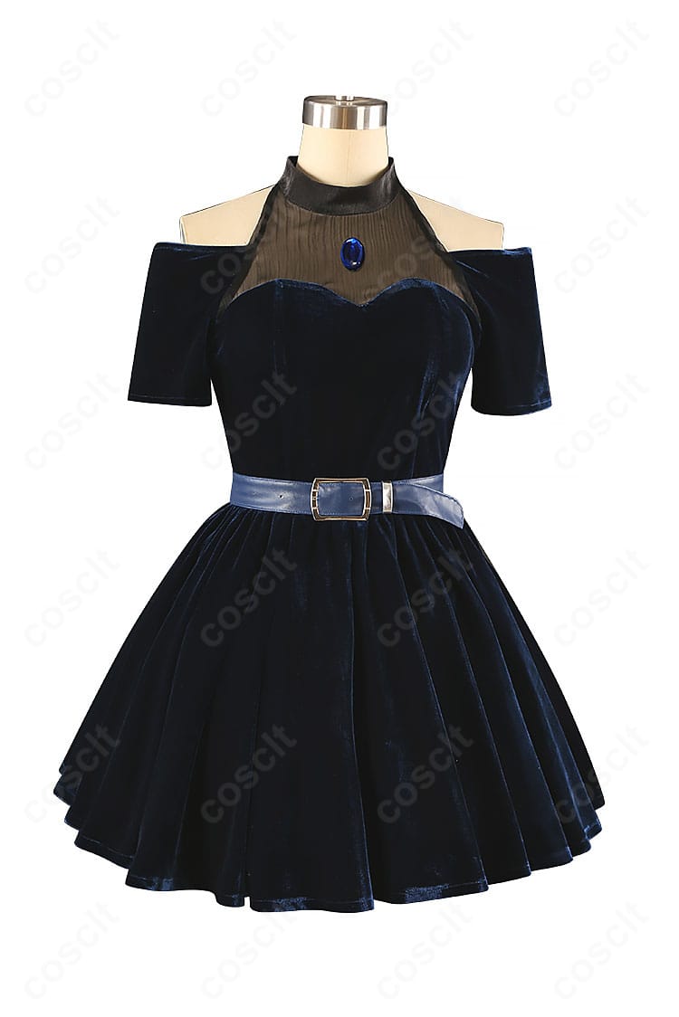 ミジ(MIZI)衣装の正面全体。ウエストラインと宝石モチーフが映えるワンピースのディテール。