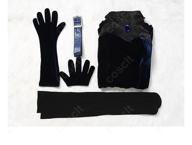 セット内容の平置き全景。ワンピース、宝石、ベルト、手袋、靴下の同梱アイテム。