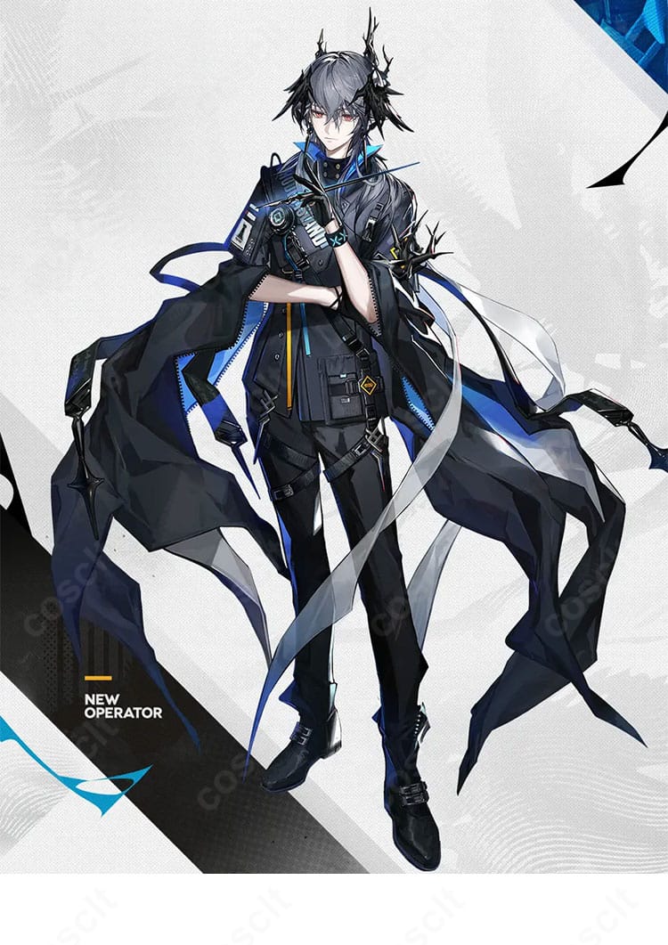 アークナイツのロゴスを示すキャラクター参考画像。コートや装飾のデザイン指標が分かる高精度再現イメージ。