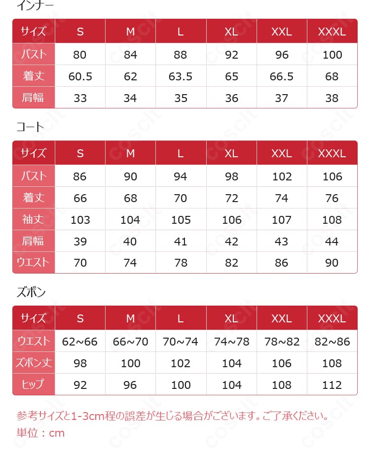 サイズ表の拡大画像。S〜XXXLまでの各寸法を確認でき、サイズ選びの参考になる情報。