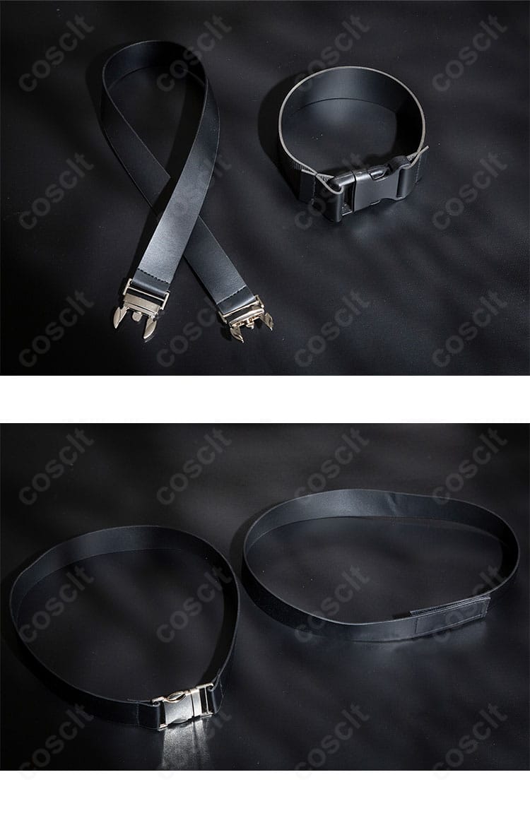 腰帯・ベルト周りの装飾。多層ベルトと金具で重厚感を演出する構成。