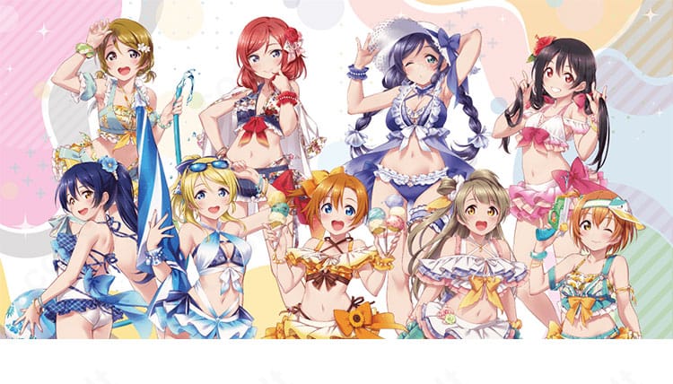 ラブライブ！矢澤にこ 水着ver. コスプレ衣装のキャラクター着用イメージ。髪飾りや太もも飾りまで含む高再現セット。