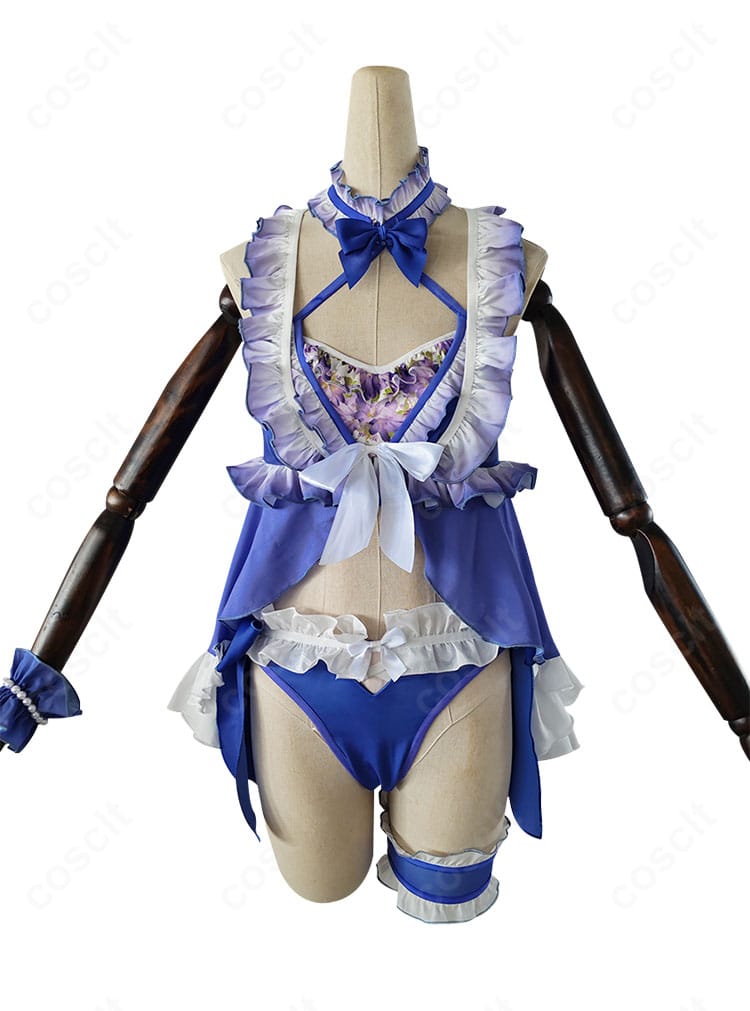 東條希 水着コスプレの正面全身。トップスのカッティングと胸元のライン、装飾バランスを忠実に再現。イベントや撮影向け。