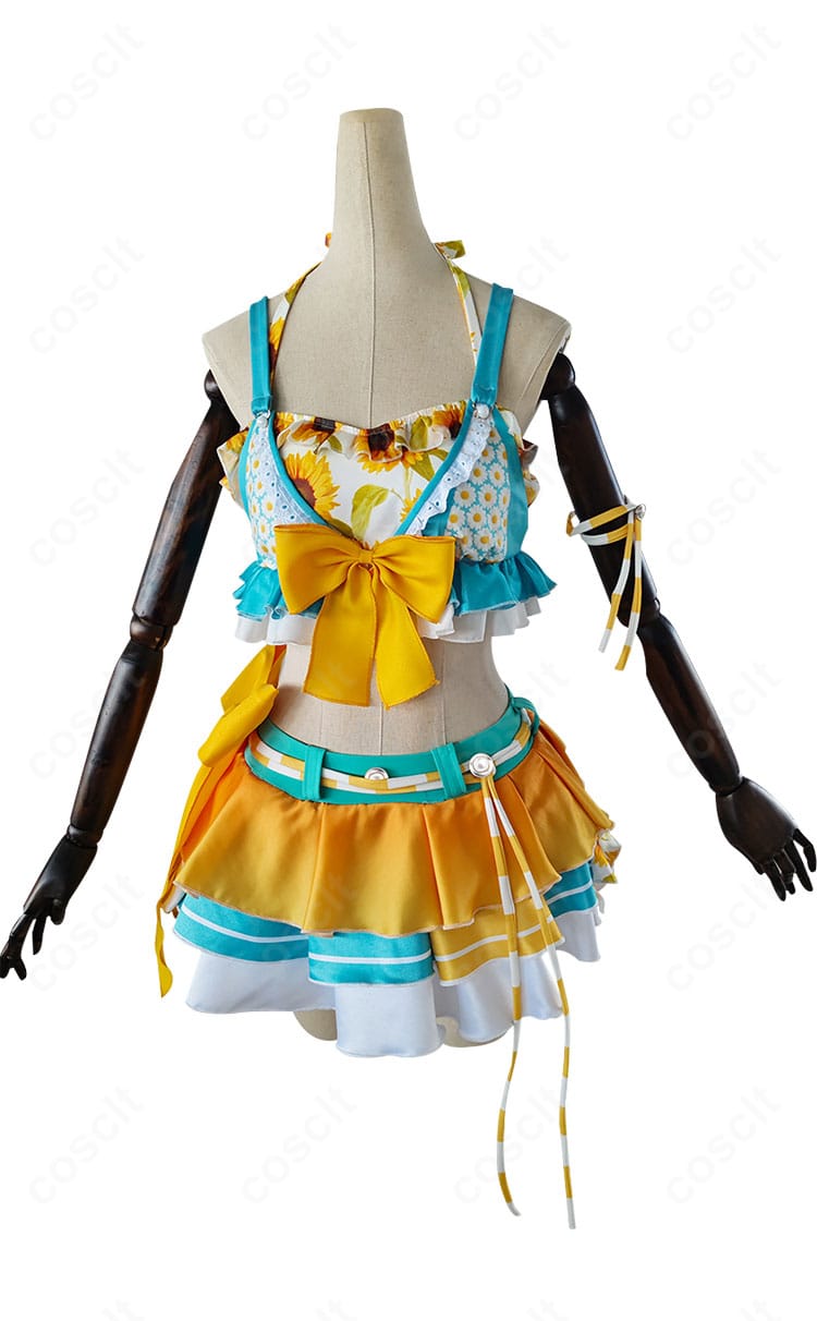 星空凛 μ’s水着ver. コスプレ衣装の正面全体写真。トップス・スカート・腕飾りのセット構成と配色バランスが分かるカット。
