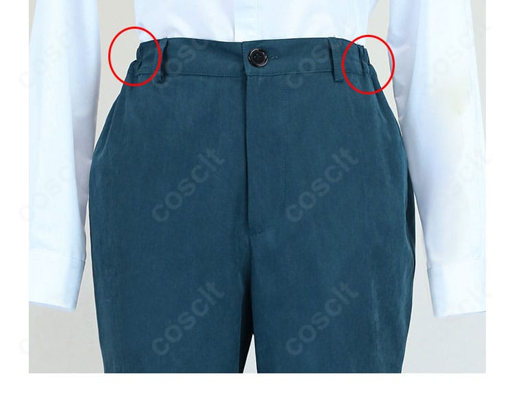 ギーマ コスプレ衣装のパンツウエスト部。ベルトループや留め具のディテールが分かる。