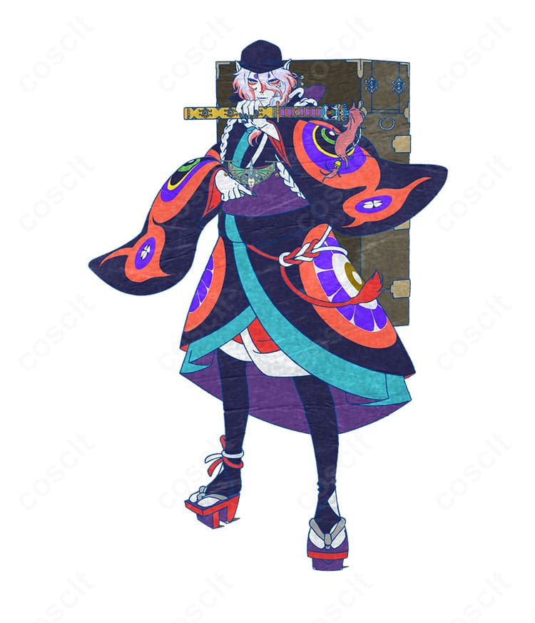 薬売りの劇場版デザイン和装コスプレ一式。モノノ怪の薬売りを忠実に再現したセット全体の雰囲気がわかる画像。