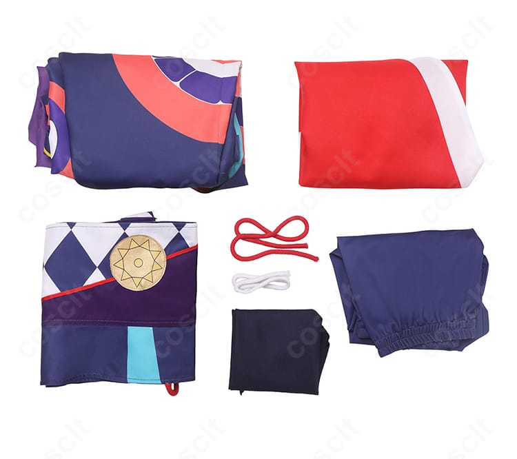 セット内容の一覧画像。着物、スカート、帯、頭巾、背部蝶結び、タイツ、足首飾りが揃った状態を表示。