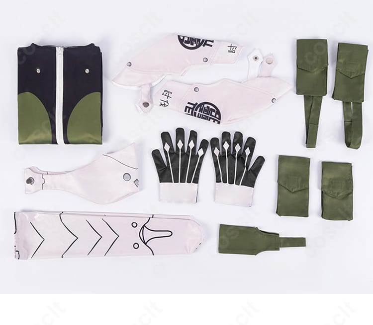セット内容一覧。ジャンプスーツ、手袋、ポーチ、肩飾り、腰飾り、レッグポーチ、靴下が付属。
