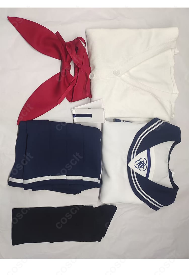 セット内容一式の平置き画像。コート、トップス、スカーフ、スカート、髪飾り、靴下が揃い、内容物の全体像が分かる。