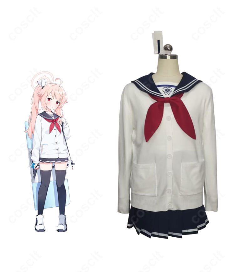 ブルーアーカイブ 柚鳥ナツの制服コスプレ一式の正面とキャラクター比較。高再現のコートとスカーフで設定通りの雰囲気を表現。
