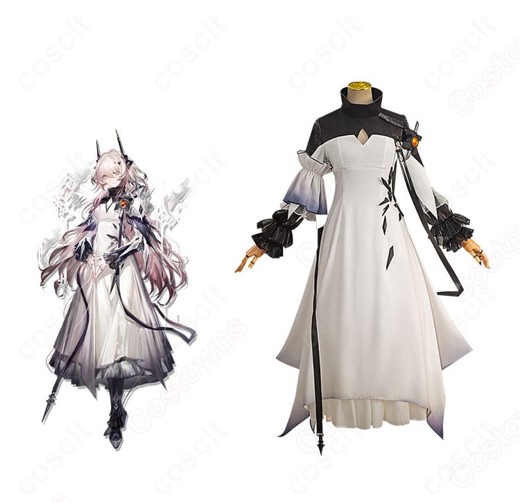 アークナイツ テレジアのコスプレ衣装を正面から。公式イメージ準拠の上品なドレスと肩飾り・髪飾り・指輪付きセットが並び、イベントや撮影に適した高再現デザインが分かる構図。