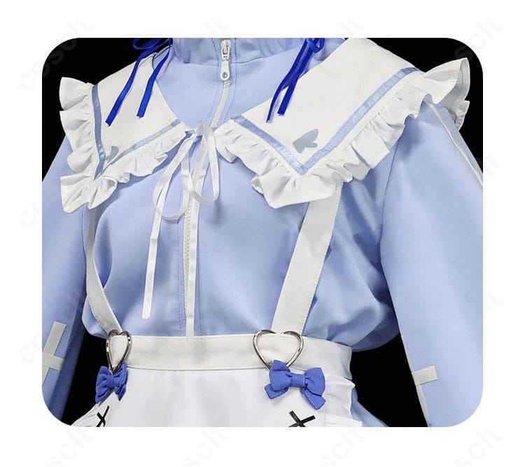 披肩風装飾の近接画像。縁取りの仕上げと質感、肩周りの立体感を強調した宝多六花コスプレ衣装のディテール。