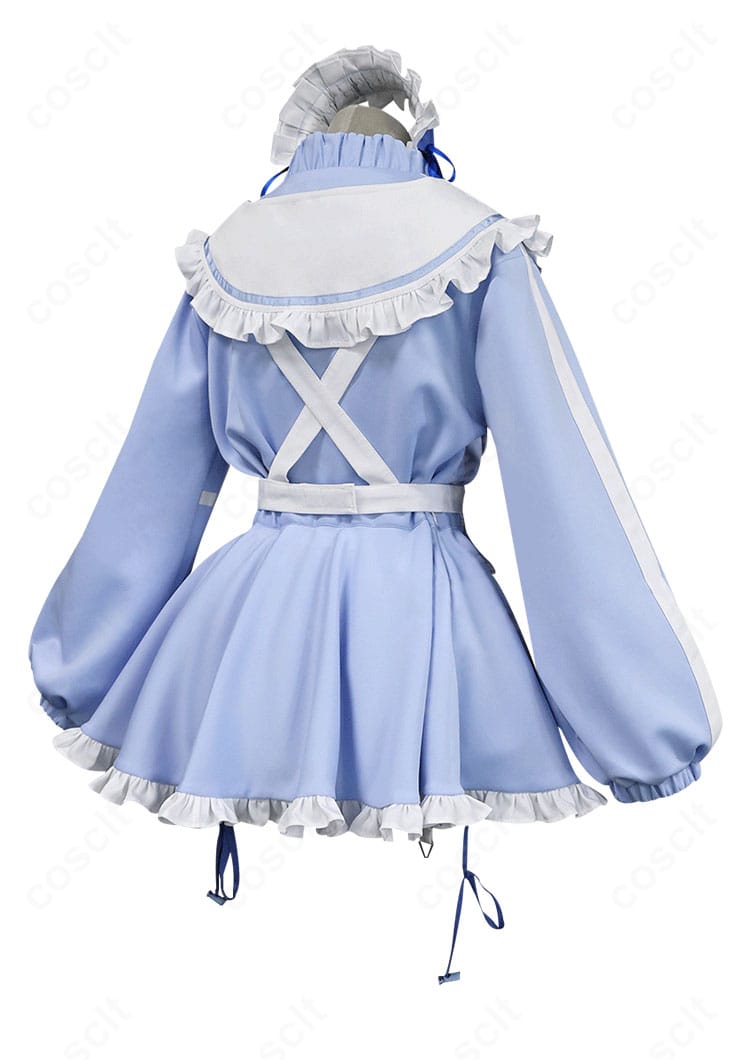 宝多六花コスプレ衣装の背面ディテール。後ろ開きの構成やリボンの配置、スカートの落ち感を示す画像。