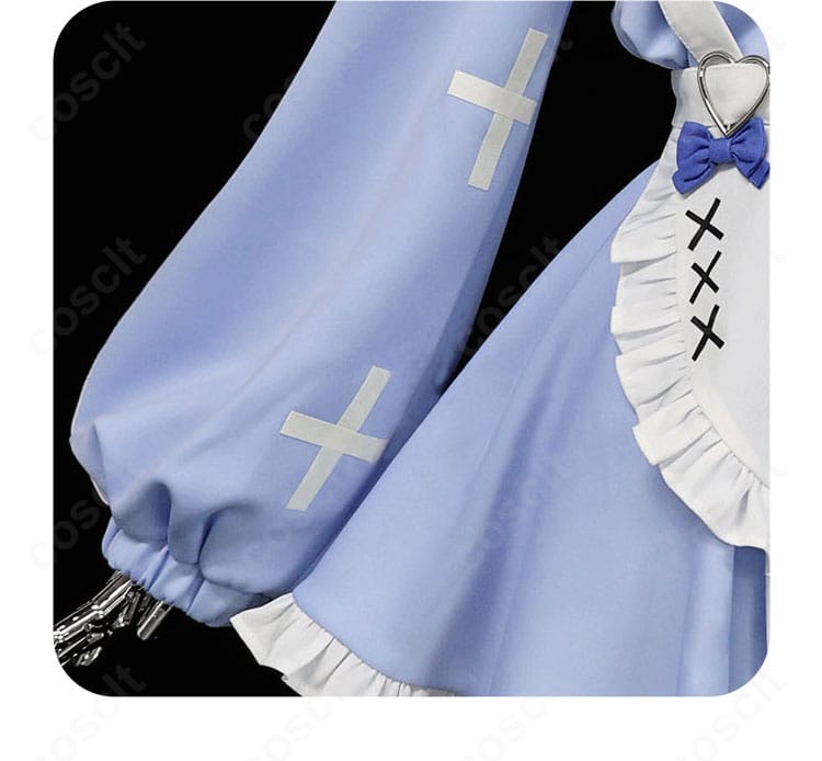 袖口装飾の近接画像。カフスの形状とステッチ、可憐なシルエットを引き立てる宝多六花コスプレ衣装の袖ディテール。