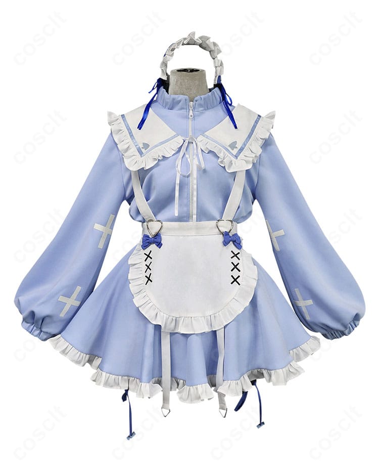 宝多六花コスプレ衣装の正面ディテール。つけ襟とエプロン位置、ウエストラインの仕上がりが確認できる近接画像。