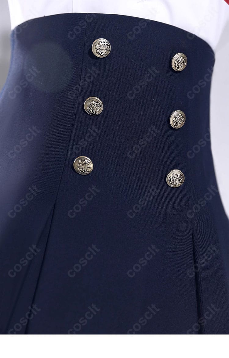 アスナ制服コスの腰部ボタン装飾。配置バランスと質感にこだわり、キャラクターデザインを忠実に再現しています。