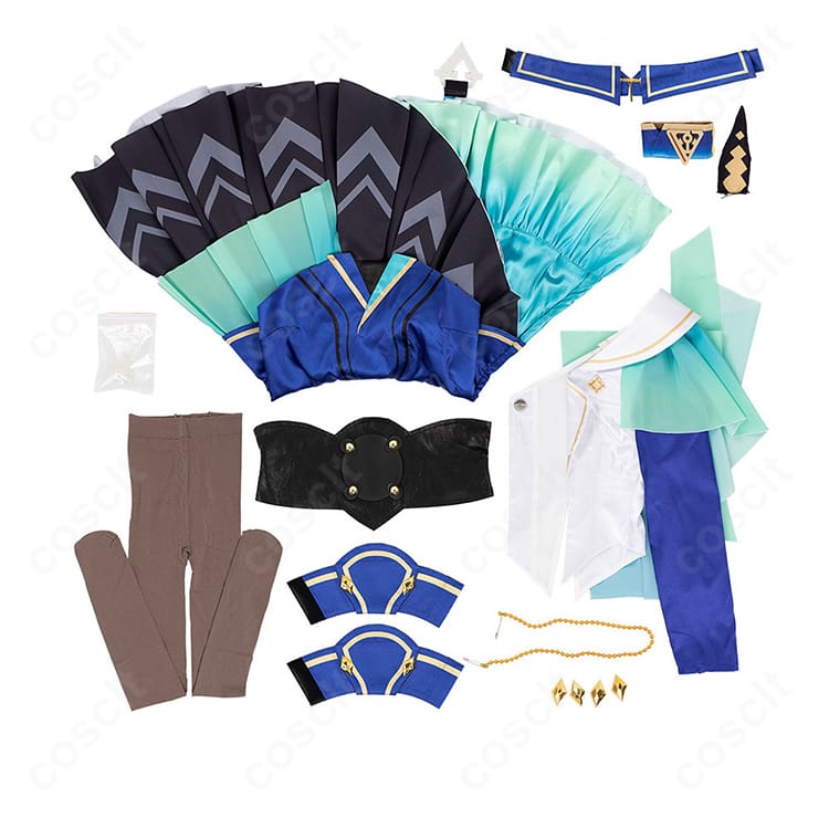 ウマ娘 ヴィルシーナ コスプレ衣装のセット内容一式を並べた写真。ワンピース、マント、耳、耳飾り、つけ襟、コルセットベルト、手首飾り、飾りチェーン、タイツ、透明ストラップ