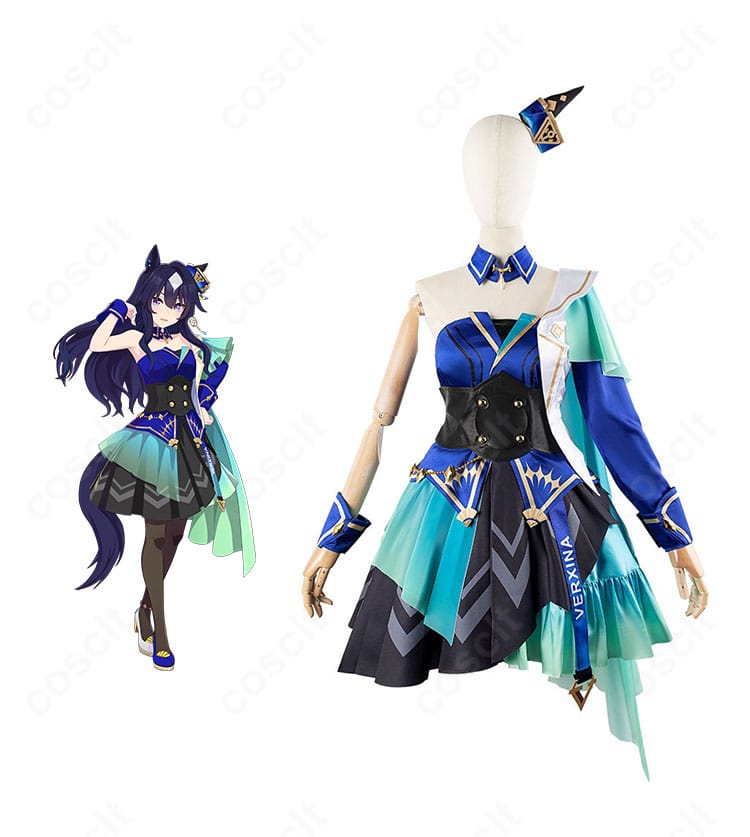 ウマ娘 ヴィルシーナの勝負服コスプレ一式とキャラクターイラストを並置した正面全体図