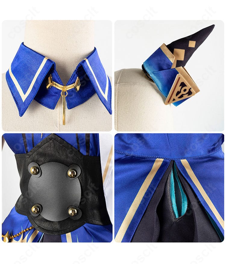 ウマ娘 ヴィルシーナ 勝負服の襟元・髪飾り・腰周り装飾の接写。つけ襟とコルセットの質感を表現