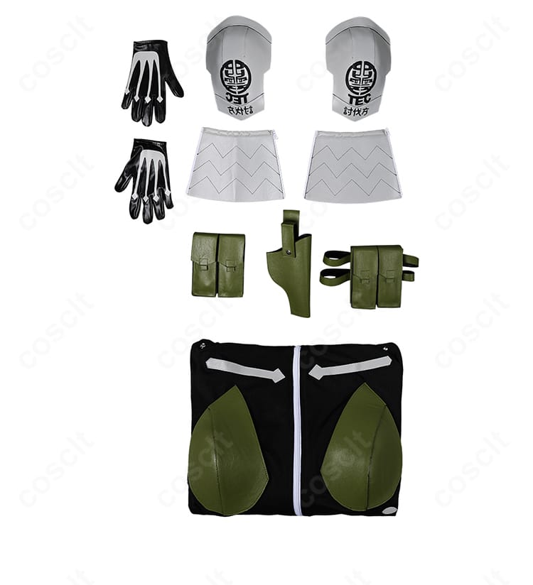 亜白ミナ 戦闘服コスプレ セット一式の平置き画像。ジャンプスーツ、肩鎧、手鎧、各種ポーチ、手袋が揃う内容。