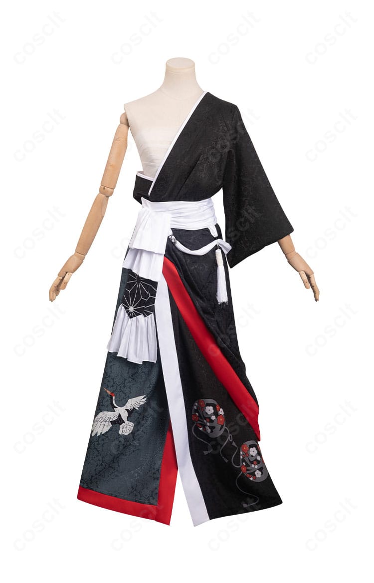 FF14 夜鶴胴着コスプレ衣装の正面全景。斜襟と配色のコントラストが映える和装デザイン。