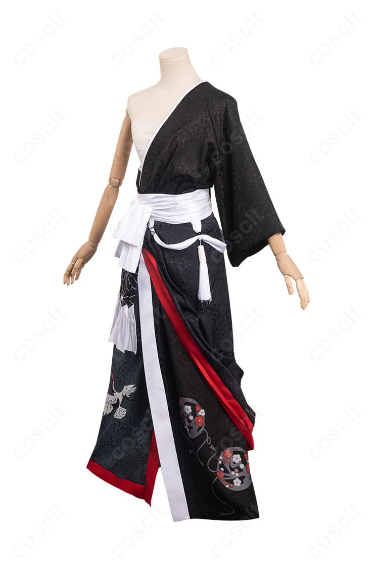 FF14 夜鶴胴着コスプレ衣装の左側面。前合わせの重なりと腰帯のバランスが見える構図。