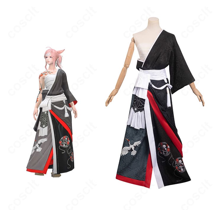 FF14 夜鶴胴着コスプレ衣装の正面と和装ディテールを並べたイメージ。襟元や帯の造形が分かる比較構図。