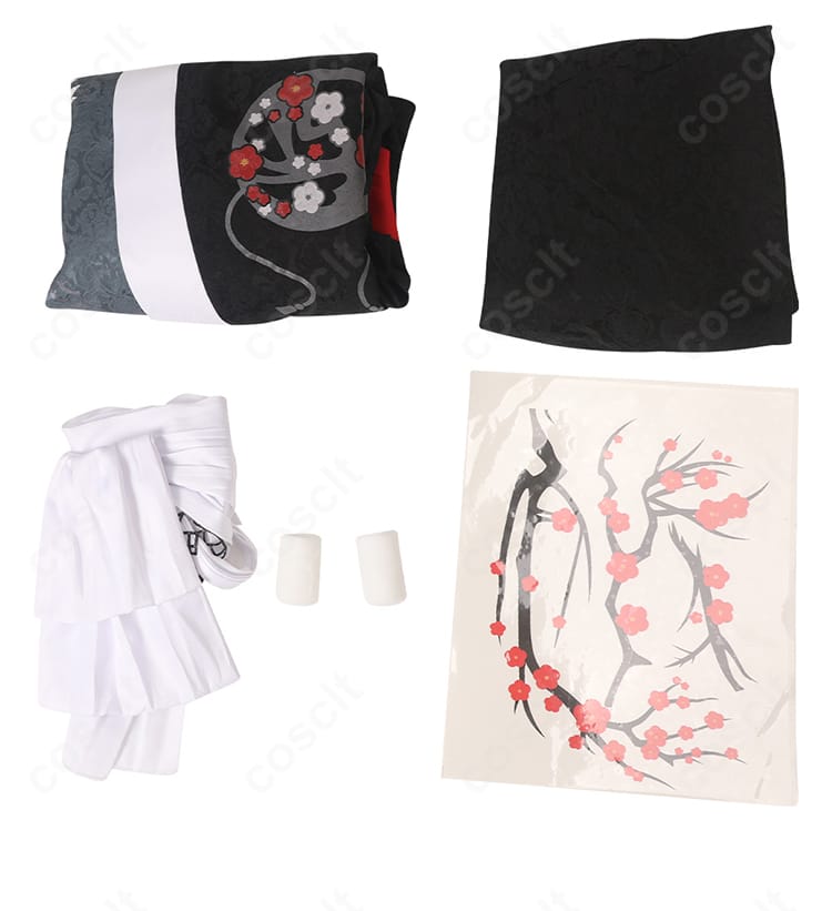 FF14 夜鶴胴着コスプレ衣装のセット内容一式。トップス・スカート・帯・包帯・タトゥーシールを配置。