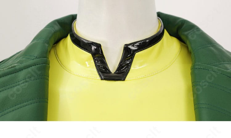 襟元の構造とコートのステッチ、見せファスナー周りの仕立てを示すディテールカット。