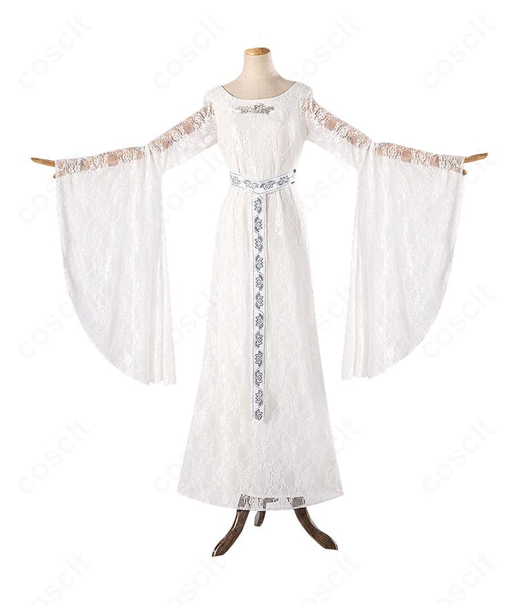 ロード・オブ・ザ・リング ガラドリエル映画版ドレスの正面全体。ロングシルエットとネックラインの再現度が分かる製品写真。