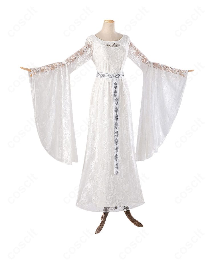 ガラドリエル映画版ドレスの右側面。裾の落ち感とウエストライン、ベルト位置のバランスを確認できるアングル。