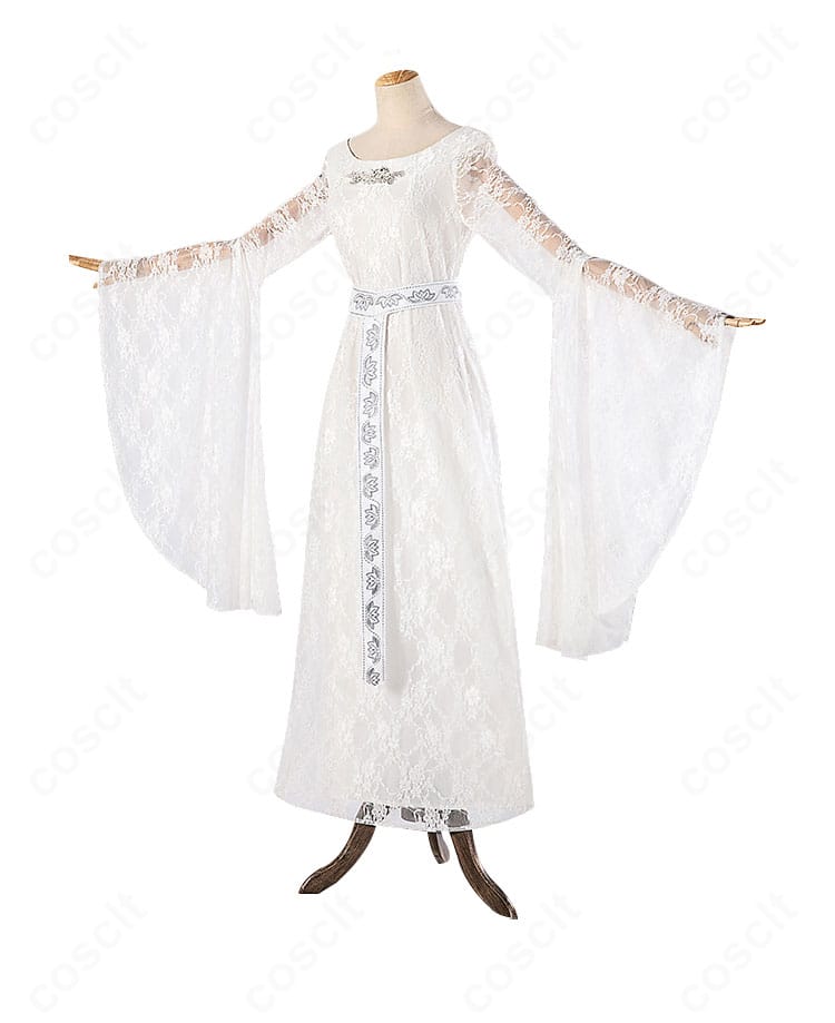 ガラドリエル映画版ドレスの左側面。縫製の丁寧さとフィット感、動いた際の生地の揺れを強調したディテールショット。