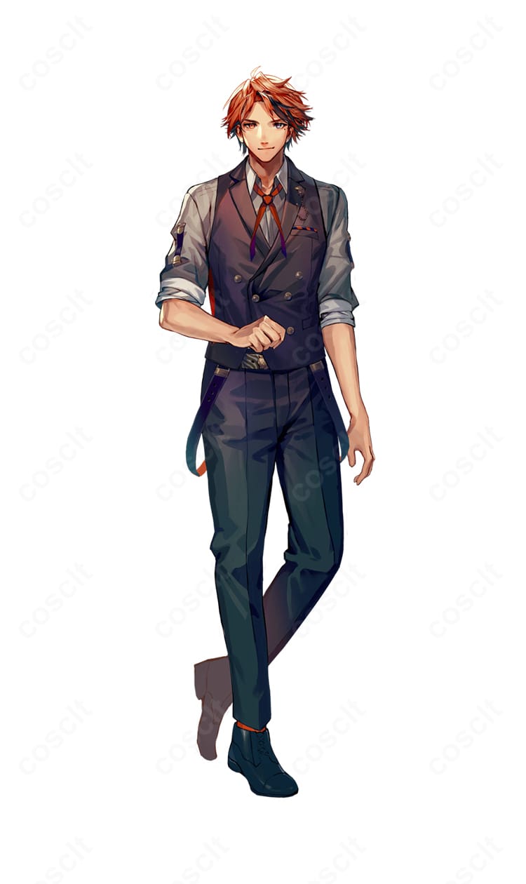 HOLOSTARS（ホロスターズ）夕刻ロベルのバーテンダー風コスプレ衣装一式。Yシャツ・ベスト・ネクタイ・ズボン・ベルト・タックピン付きで高再現、質感とシルエットを丁寧に表現。