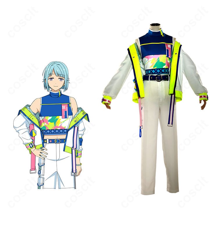 商品正面とキャラクター集合の比較画像。紫之創・春川宙・真白友也・朱桜司のカラーコード衣装を正面で再現した様子。