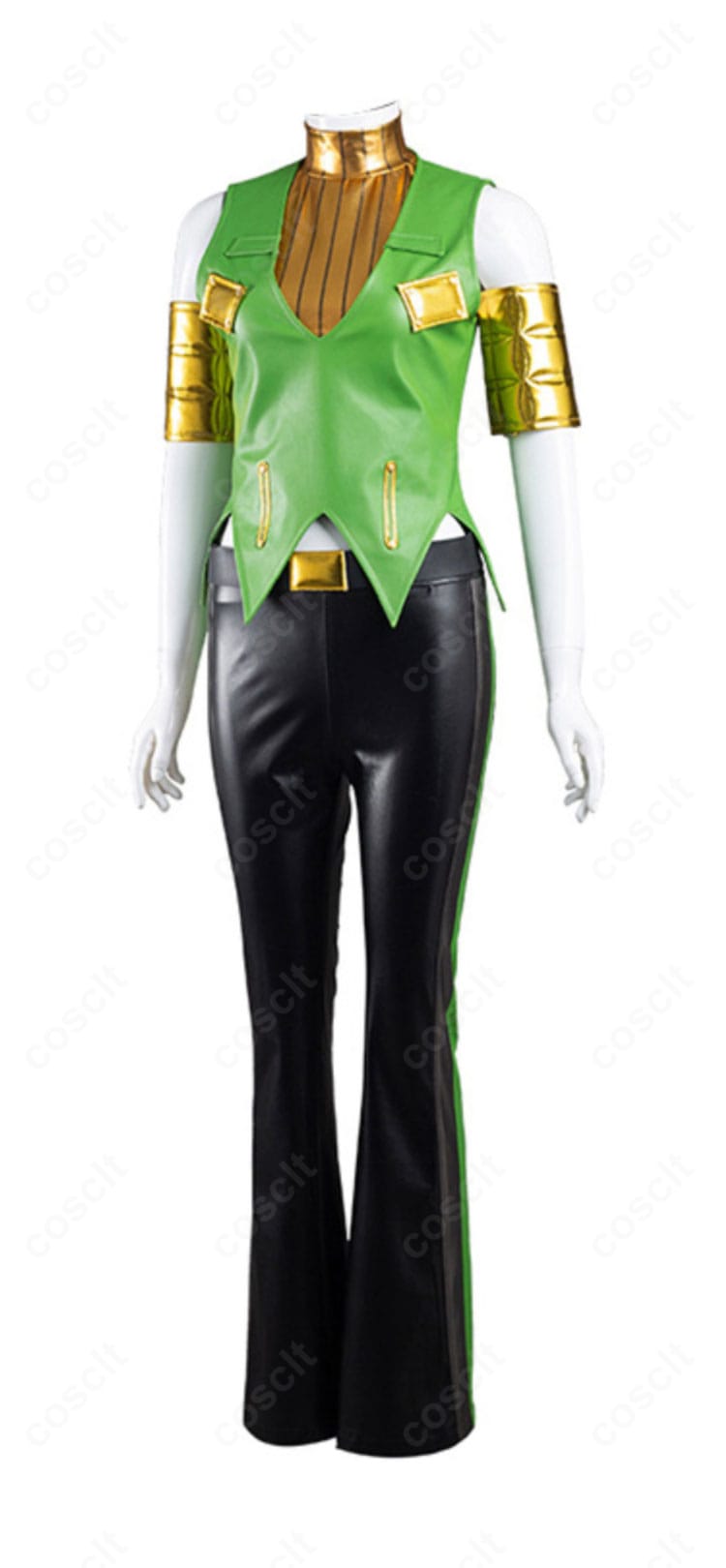 エルメェス・コステロ衣装の左側面。トップスの幾何学模様の連続性とパンツのラインを確認できる画像