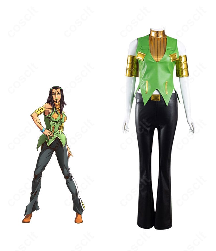 ストーンオーシャン エルメェス・コステロのコスプレ衣装・正面全身。キャラクター立ち絵との比較で高発色柄とシルエットの再現度を示す画像