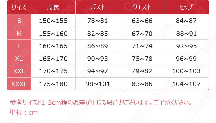 サイズバリエーションS〜XXLの寸法表を示す画像。適切なサイズ選びのための対応データが確認できる画像