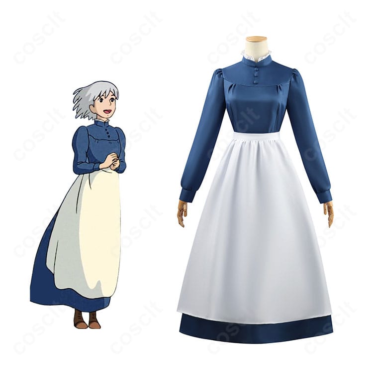 ハウルの動く城 ソフィー・ハッターのコスプレ衣装を着用した全身イメージ。青ワンピースに白エプロンと髪飾りで映画の雰囲気を忠実再現。