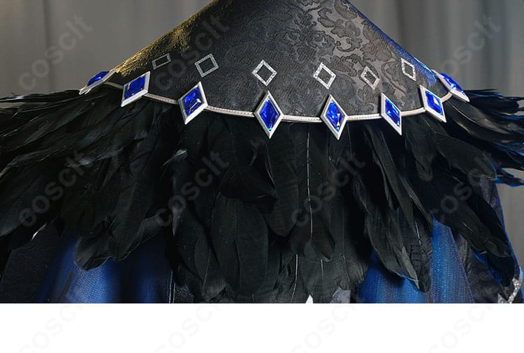 マントの披肩に付く羽毛装飾。豪華で目を引く立体感を捉えた写真。