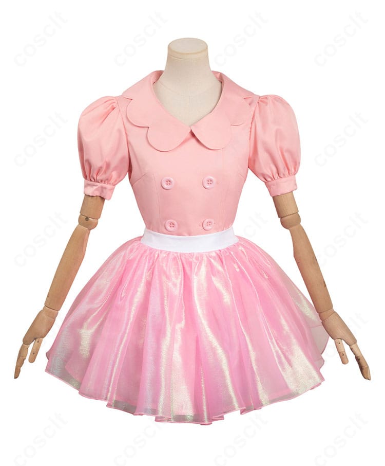 バービー コスプレ衣装の正面全体図。トップスとスカート、髪飾り、帽子を着用したフルコーデのシルエット。