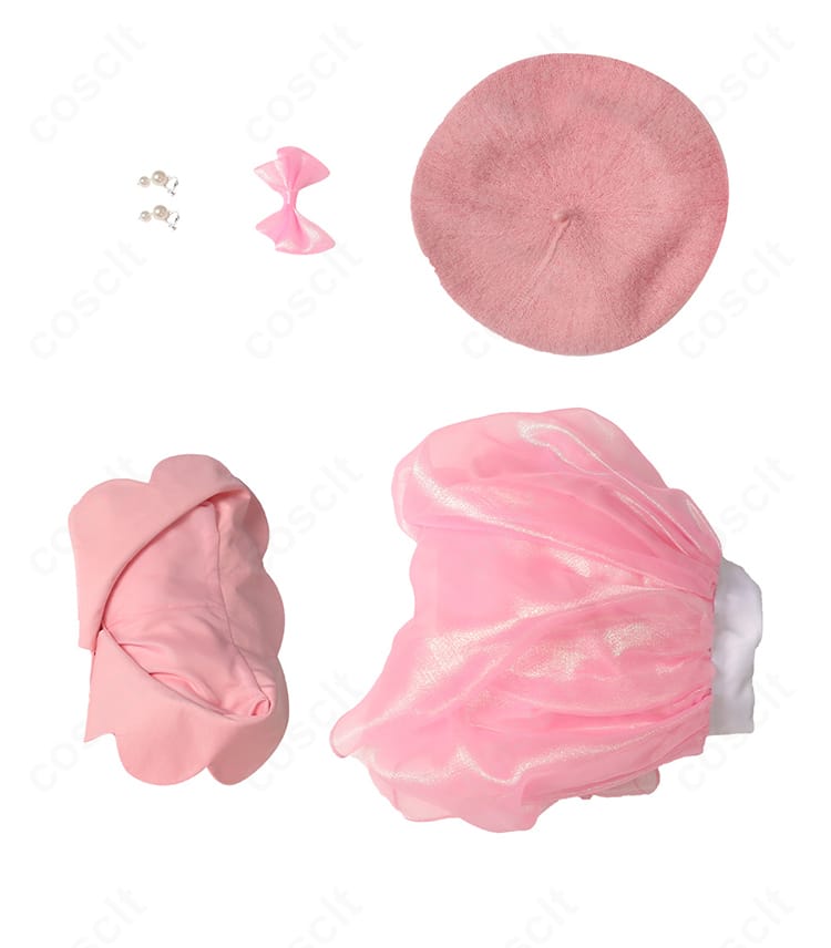 バービー コスプレ衣装のセット内容全体。トップス、スカート、髪飾り、帽子、耳飾りの5点が並んだ確認用画像。